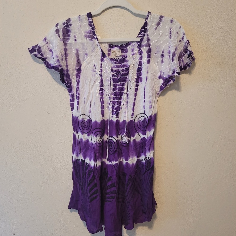 Advanced Apparel Tunic‎ Top One Size Purple Tie Dye Lagenlook Boho